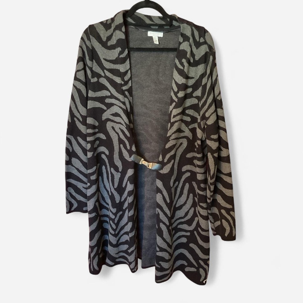 Charter Club, 2SX, Cardigan with belt, gray zebra print